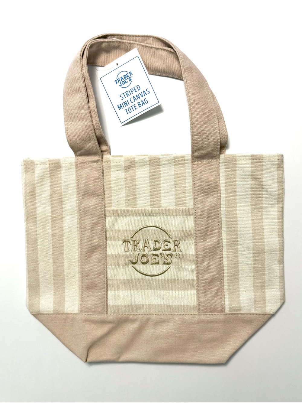 Trader Joe's Mini Canvas Tote Bag in Desert Sand Stripe NWT tan/cream summer 26